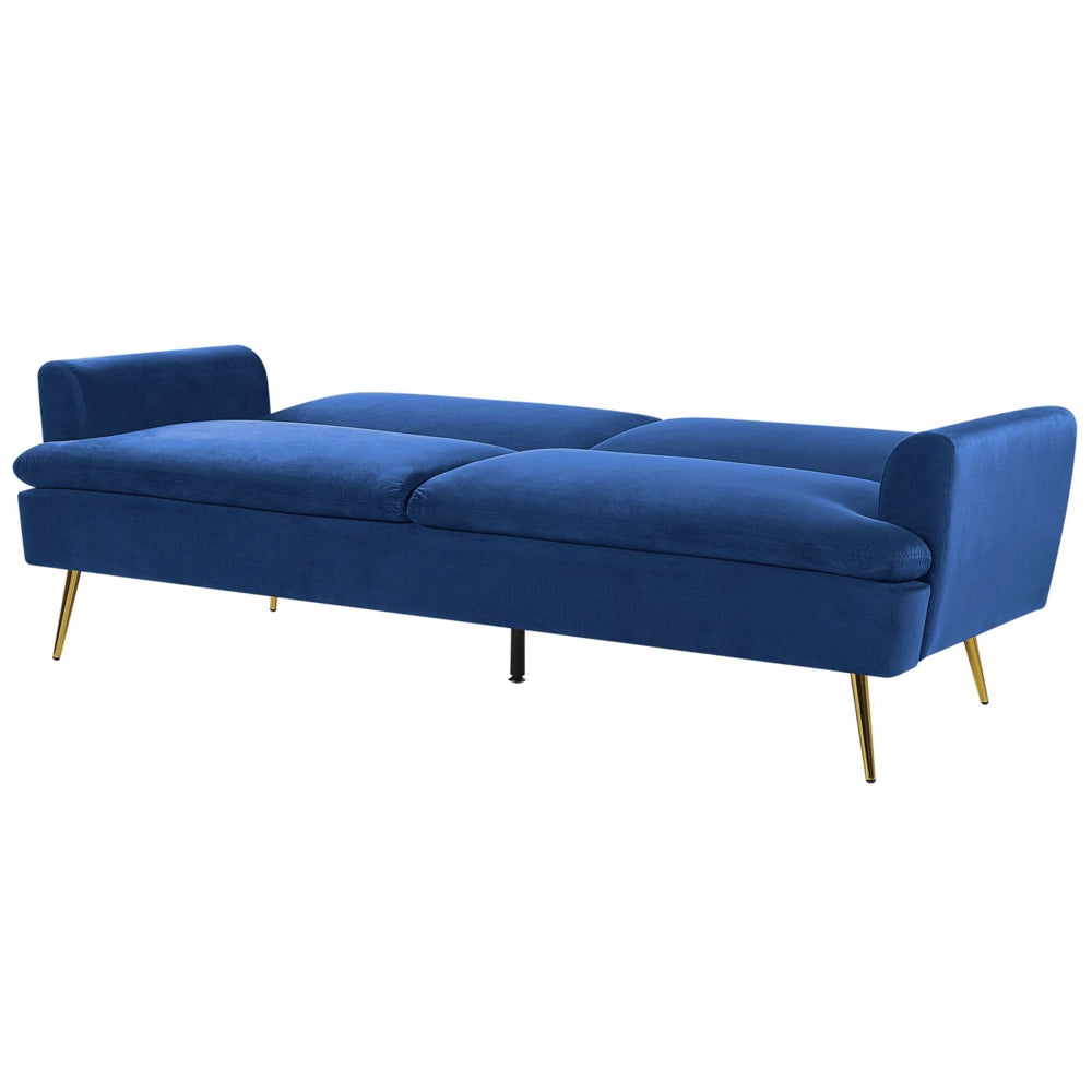 Divano Letto in Velluto Blu Navy 3 Posti Click Clack Gambe In Metallo Dorato