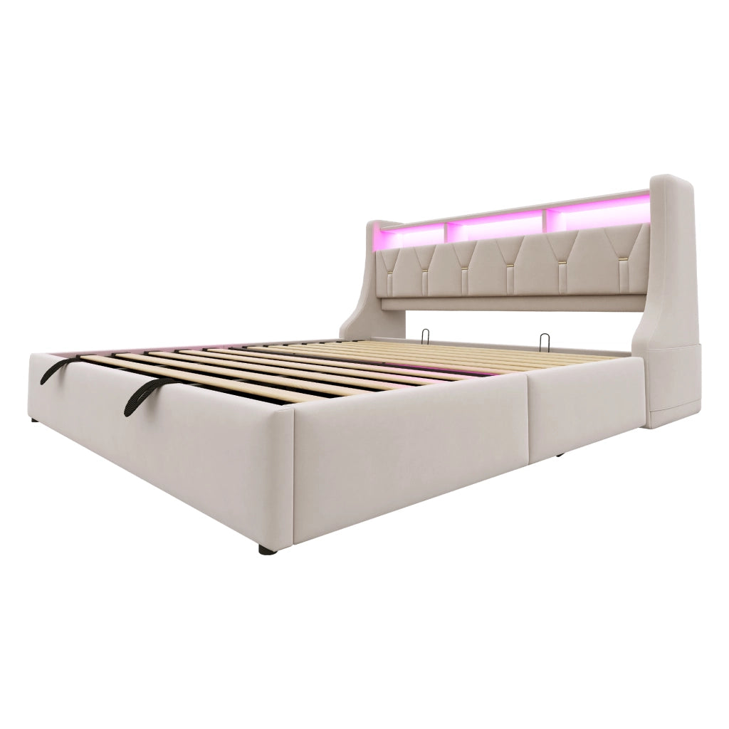 Letto imbottito 180x200 cm con contenitore; USB e LED in velluto beige