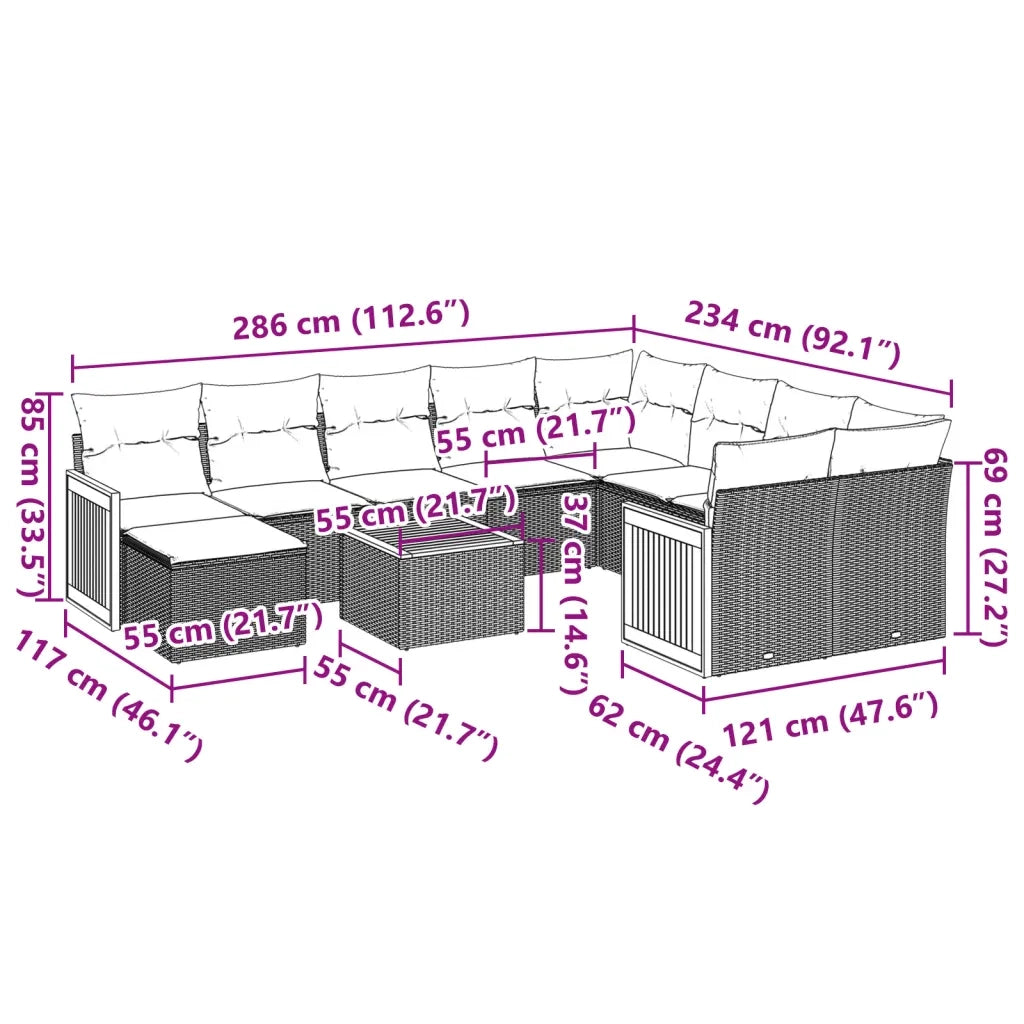 Set Divani da Giardino 11 pz con Cuscini in Polyrattan Grigio