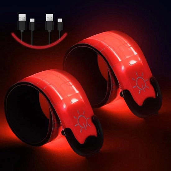 Pulsimetro a LED, 2 pezzi, caricabile, interfaccia USB, riflettente, pulsometro per corsa, pulsometro lampeggiante, regolabile, pulsometro di sicurezza a LED, pulsometro sportivo a LED, rosso.