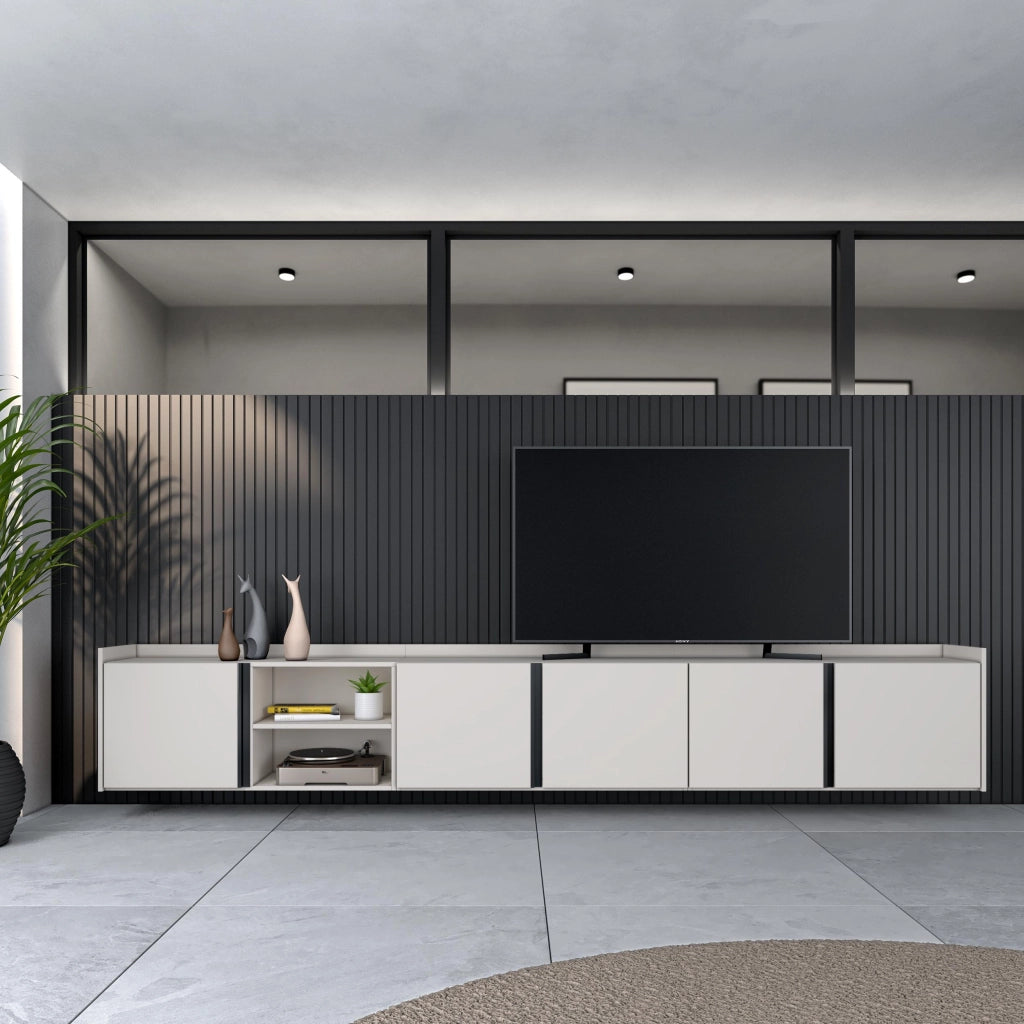 Mobile TV Soggiorno, 309x50x35 cm, Per TV fino a 80", Sospeso, da appendere, Beige