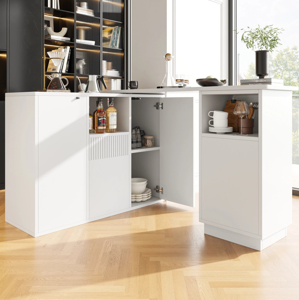 Bancone bar girevole 210x30x100.9 cm con design rotante e piano effetto marmo in MDF bianco