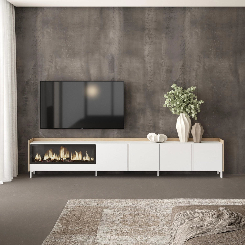 Mobile TV Soggiorno, 315x61x35 cm, Per TV fino a 80", Camino elettrico XXL, Design industriale, Bianco e Rovere soft