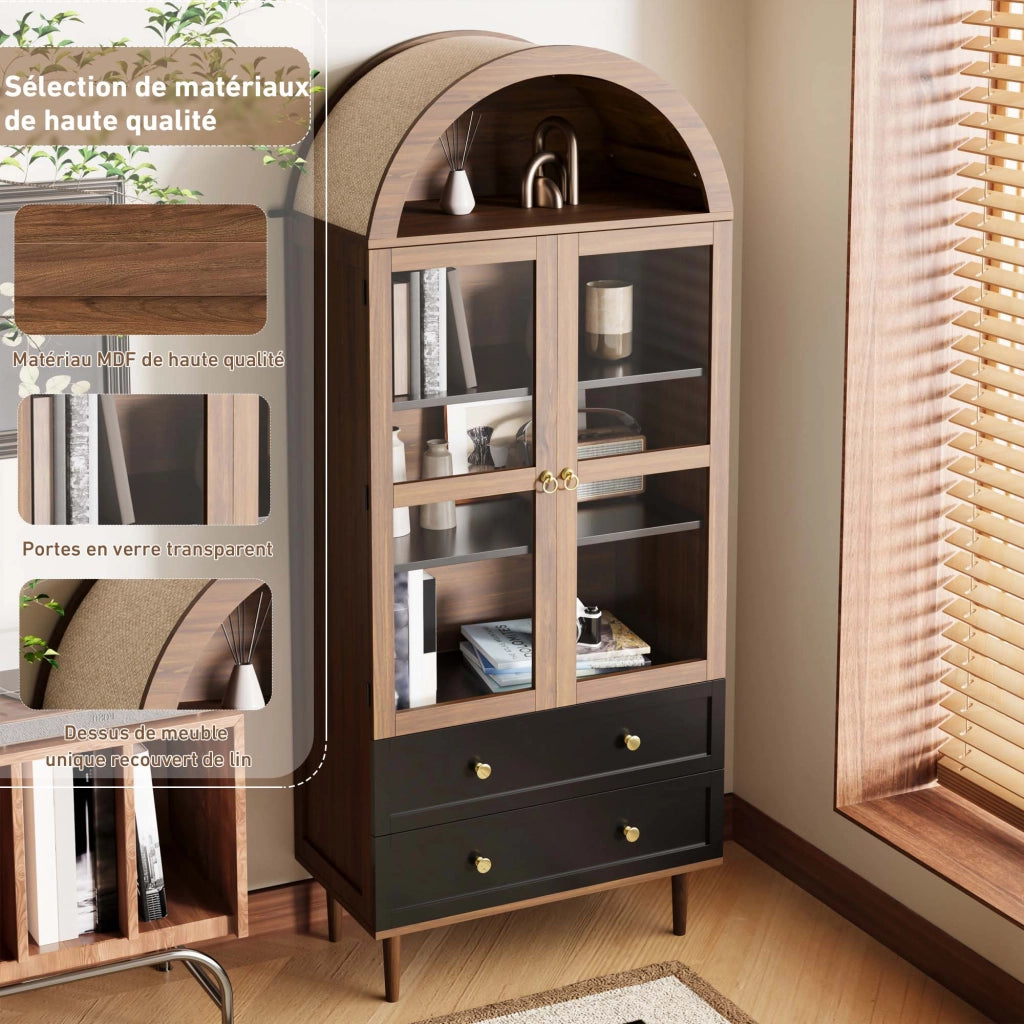 OKWISH Credenza Contenitore con Ripiani Regolabili e Anta in Vetro Rigato, Stile Retrò Moderno, MDF, Noce