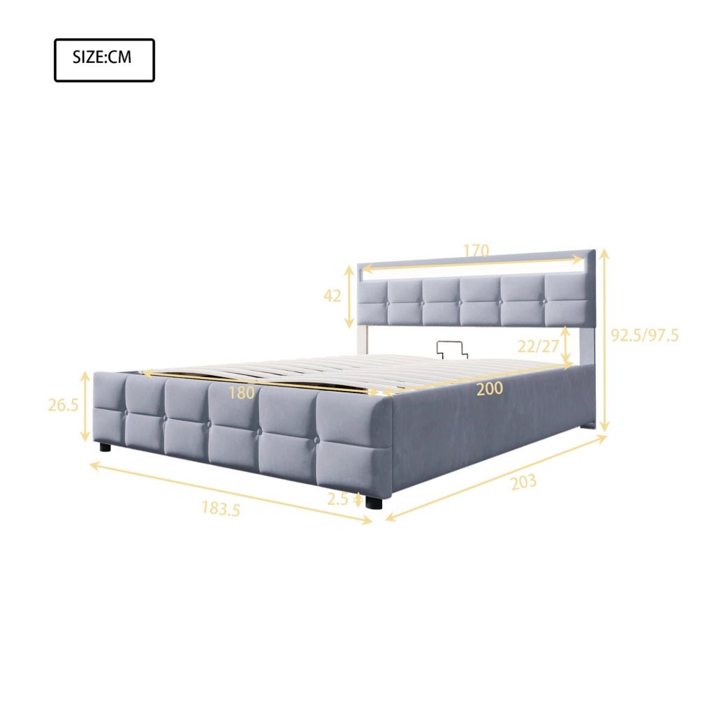 Letto imbottito 180x200 cm con LED e contenitore idraulico in velluto olandese grigio