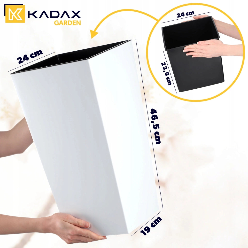 Vaso da giardino KADAX con inserto, 24 x 47 cm di altezza, bianco lucido, con grandi fiori.