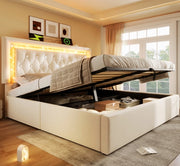 Letto imbottito 160x200 cm in velluto beige con LED, USB e contenitore