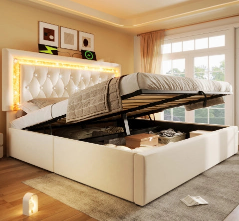 Letto imbottito 160x200 cm in velluto beige con LED, USB e contenitore