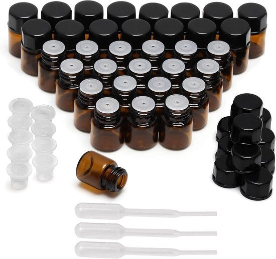 Set di 50 Fiommenti di Olio di Prova - 1 ml - Fiommenti in Vetro Ambrato - Piccole Bottiglie con Bocchette e Gocciolatrici.
