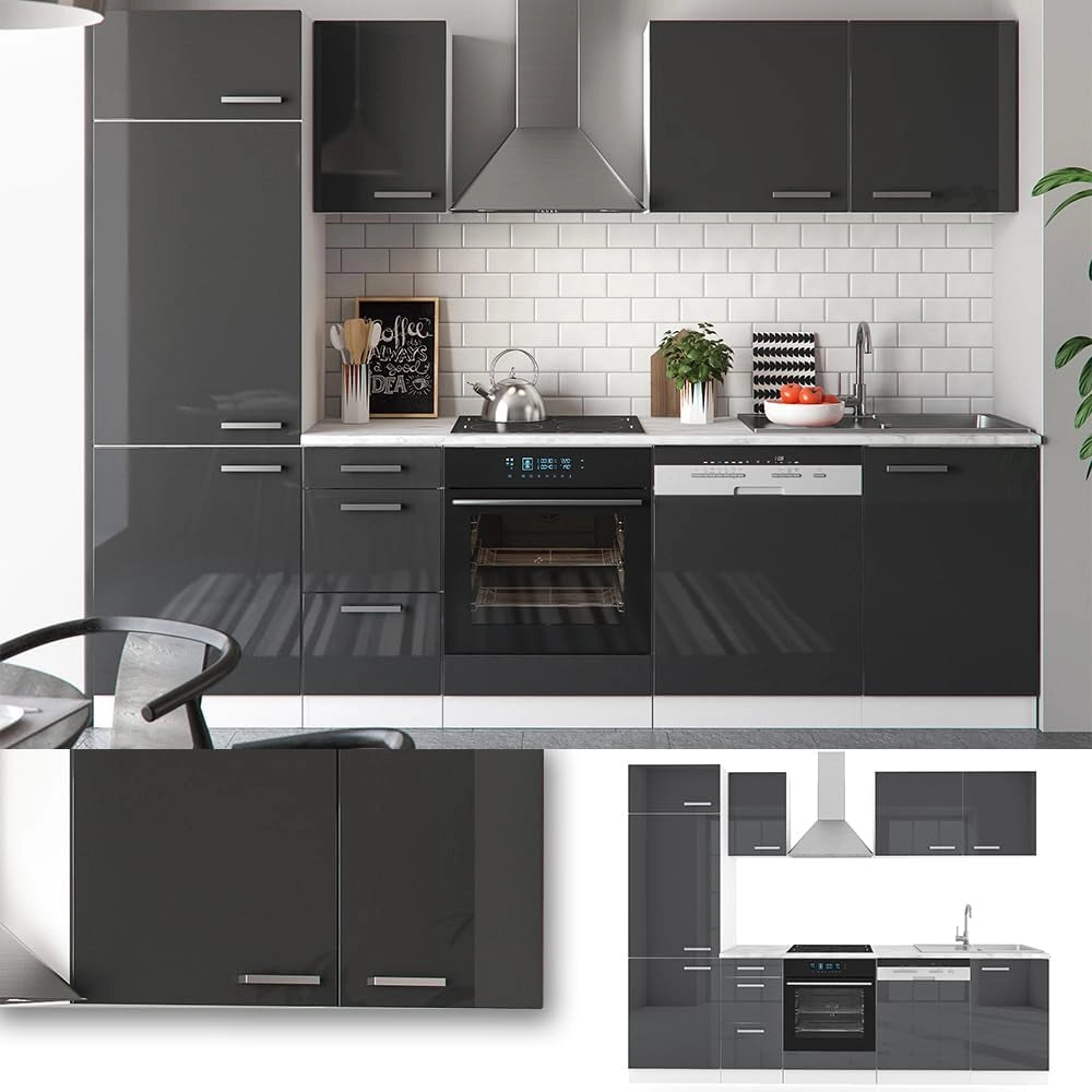 Cucina componibile Optima, Antracite lucido/bianco, 270 cm senza piano di lavoro, adatto per disposizione e ampliamento personalizzati