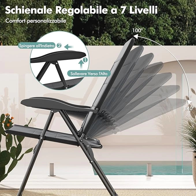 Set di 2 Sedie da Giardino, Poltrona Reclinabile da Giardino con Schienale Regolabili a 7 Posizioni, Sedia Pieghevole Imbottite per Giardino,Spiaggia, Portata 136 kg (Grigio)