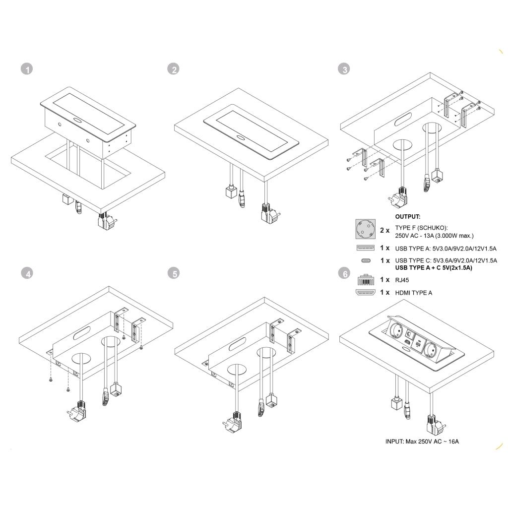 Emuca Multipresa Atom 26 A+C per scrivania, EU, Verniciato alluminio, Acciaio e Tecnoplastica e Zama, 1 u.