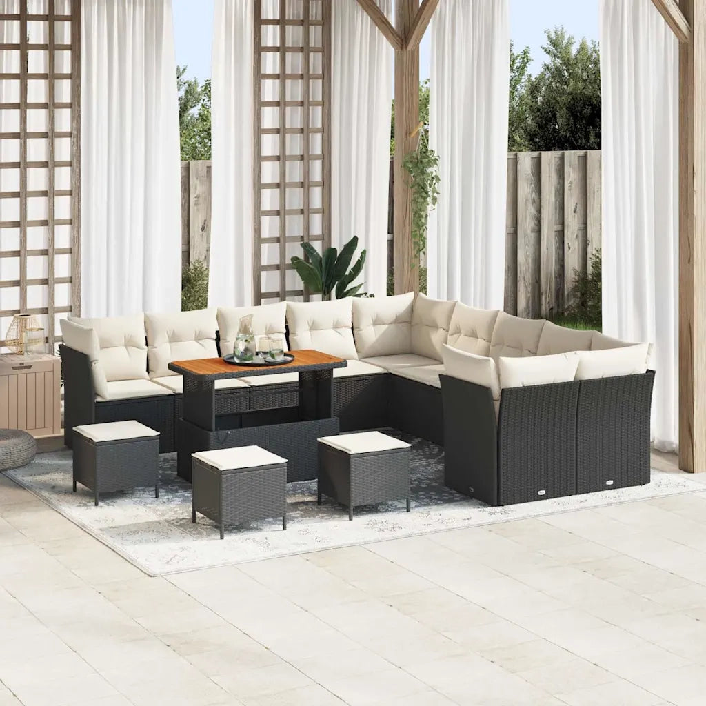 Set Divano da Giardino 14 pcs Nero e Crema polyrattan