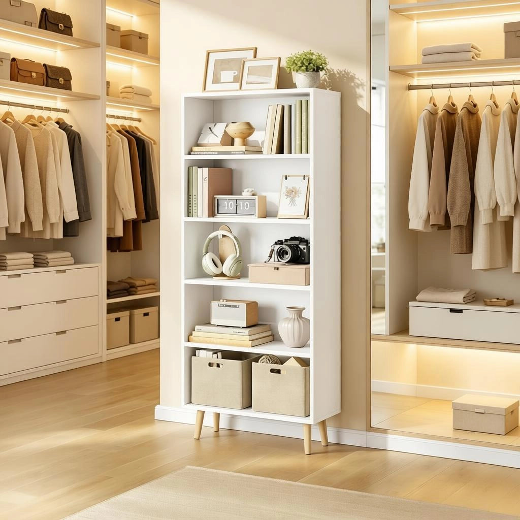Libreria autoportante bianca con 5 scomparti aperti, struttura in melaminico E1 e legno massiccio
