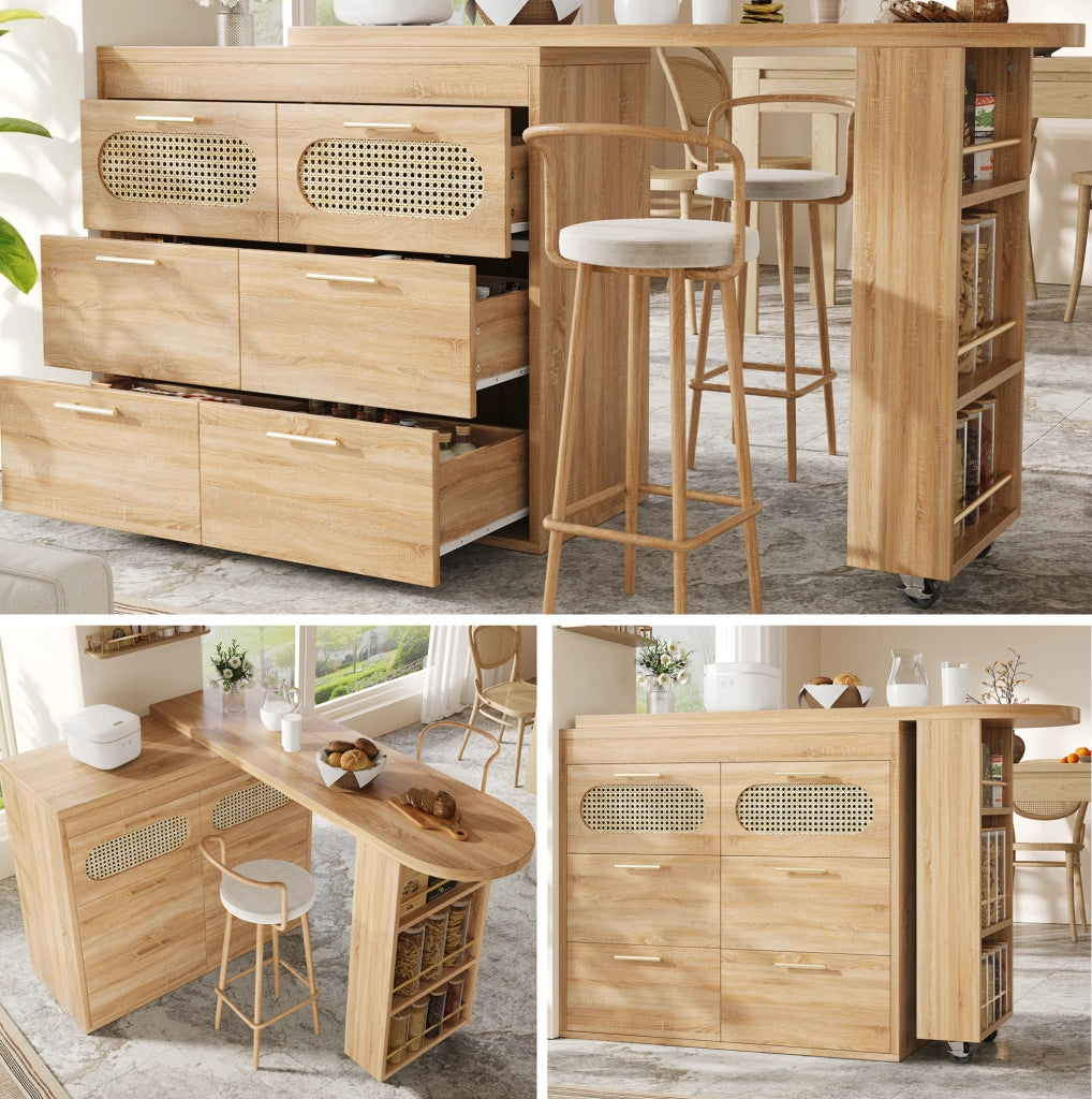 Tavolo bar girevole 360° con 6 cassetti, 128-203 cm