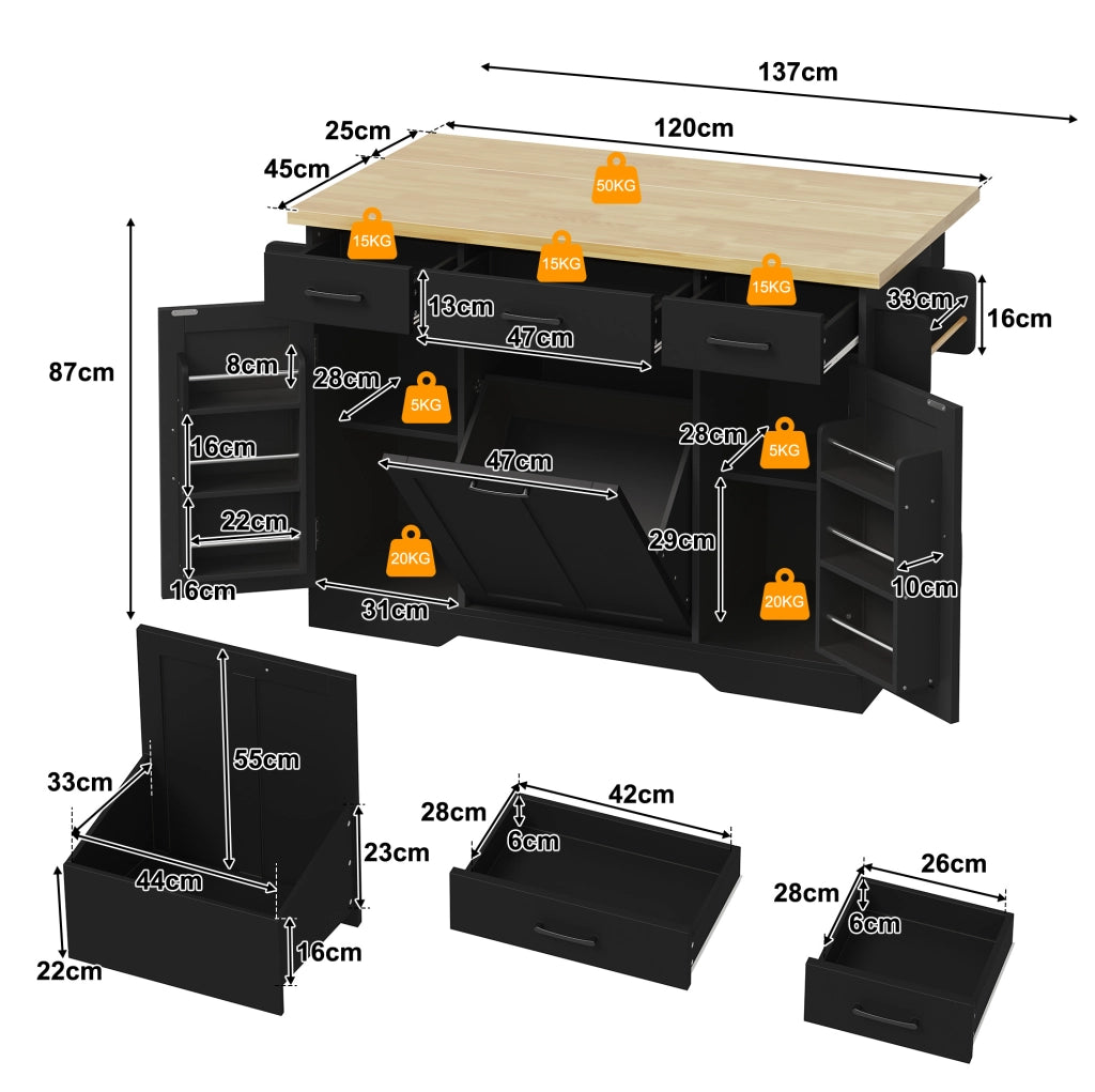 Isola cucina con piano ribaltabile 120x70x87 cm in MDF nero; carrello con ruote e porta spezie