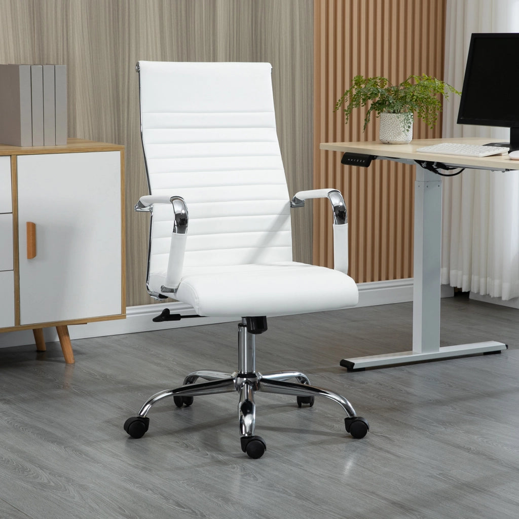 Sedia da ufficio ergonomica girevole con funzione oscillante e rotelle a 360 gradi moderna in similpelle bianca