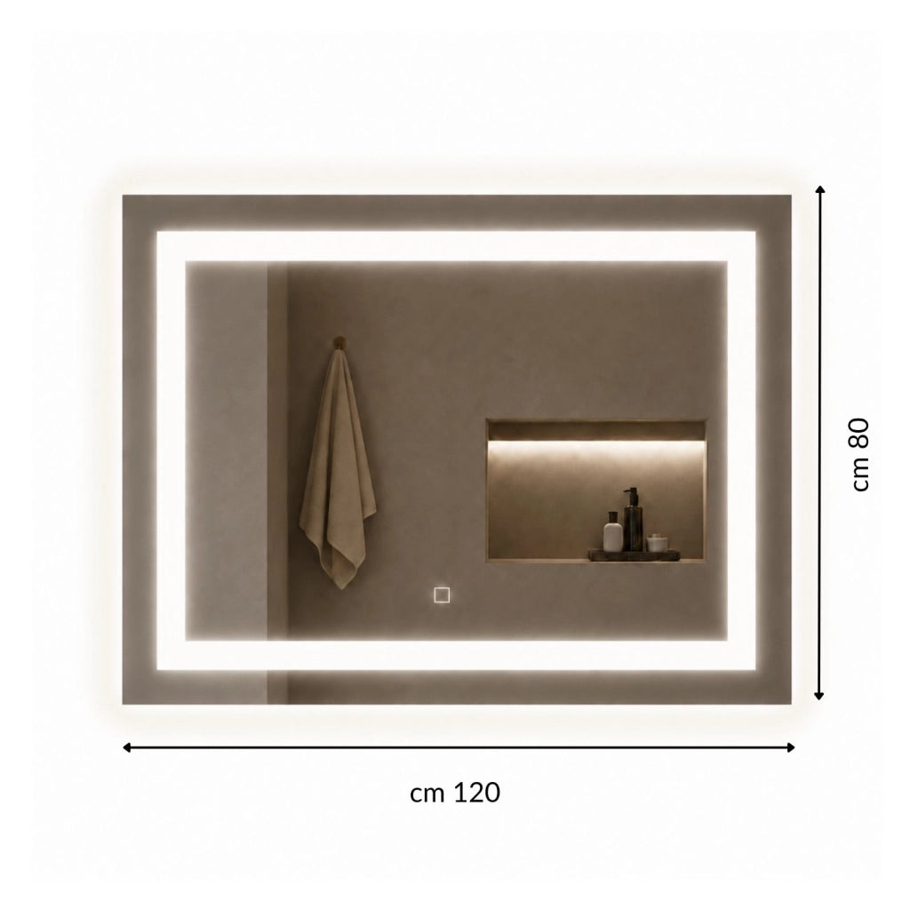 Specchio da bagno rettangolare led con interruttore touch e cornice in alluminio *** misure 120x80 cm, tonalità stan...