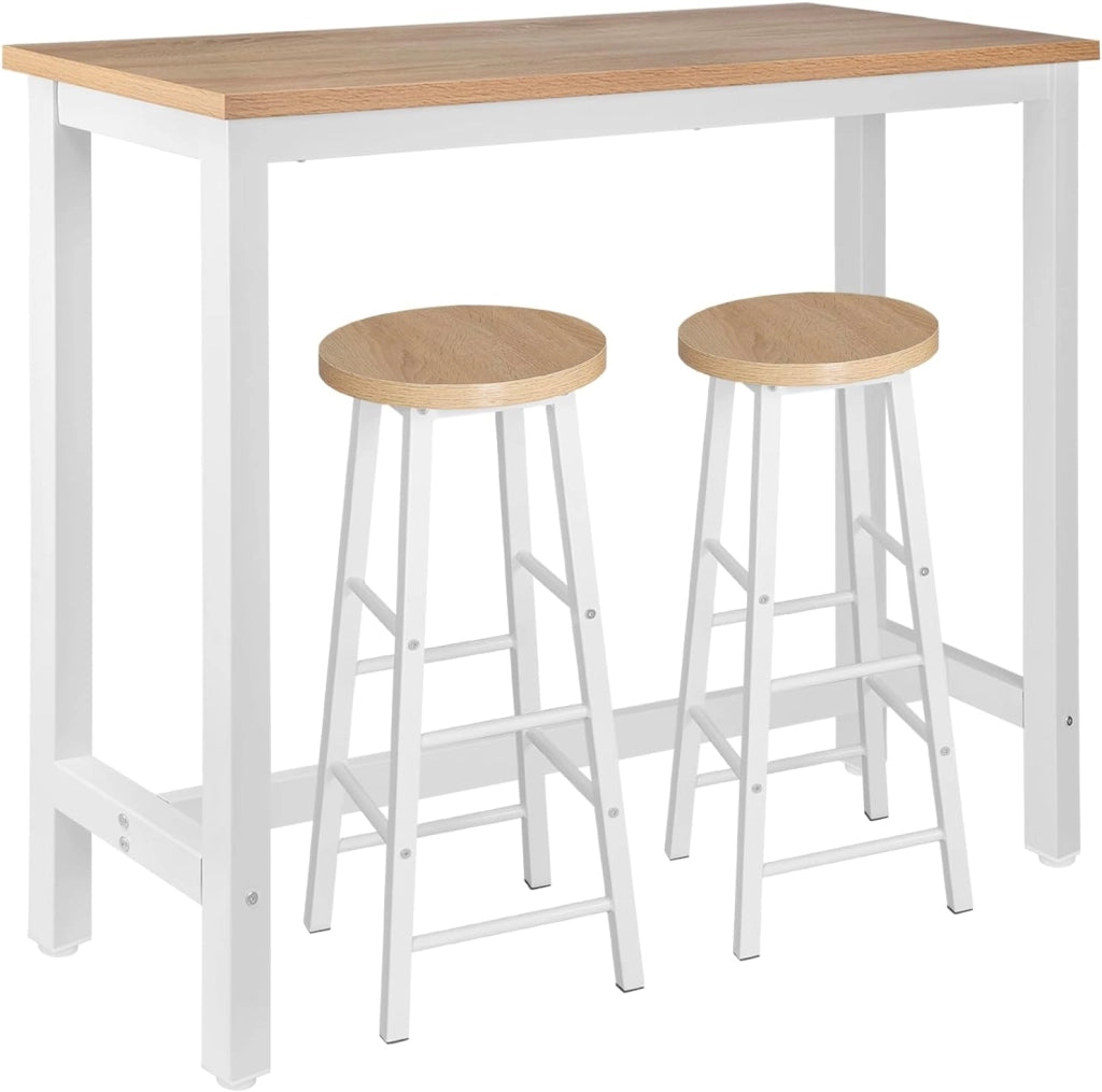 Tavolo Alto con 2 Sgabelli, Set Pranzo per Cucina, Sala da Pranzo, Isola da Cucina, Sgabelli Rotondi, Struttura in Metallo, Design Industriale, Rovere Chiaro