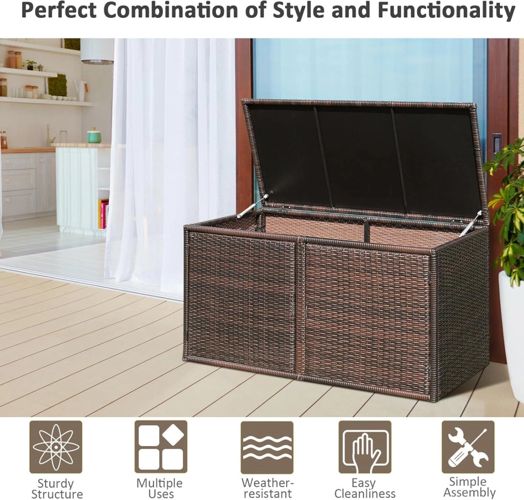 Cassapanca Contenitore da Esterno da 330L in Rattan, Telaio in Acciaio, Baule da Giardin Resistente ai Raggi UV, Mobile Balcone Impermeabile a 2 Ripiani per Cortile, 115x60x65 cm (Marrone)