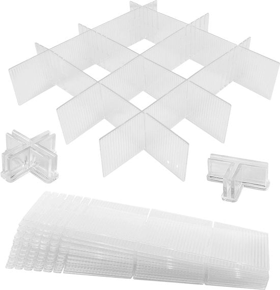 12 verstilbili sostegni con 64 clip di fissaggio, organizzatore di carrello in plastica, organizzatore flessibile per la cucina e la scrivania. Ideale per calze e piccoli oggetti.