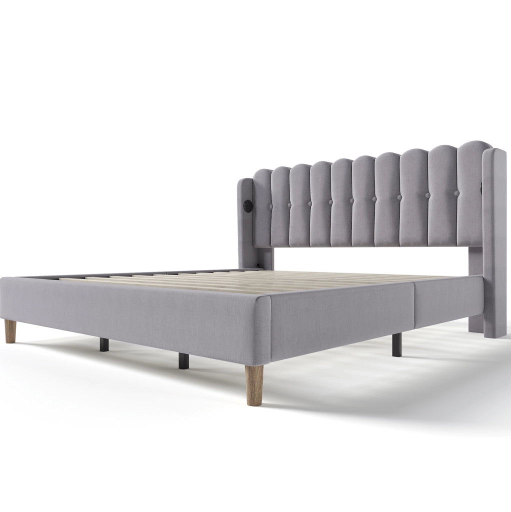 Letto matrimoniale 180x200 cm con USB e USB C; lino grigio