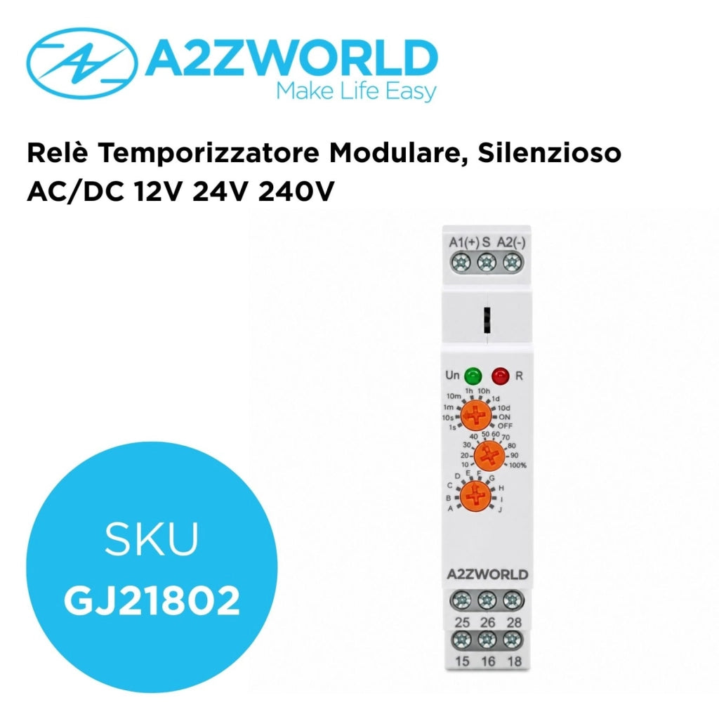 Relè Temporizzato Multifunzione Modulare, AC/DC 12V 24V 220V, 2 Scambi SPDT 16A, 10 Funzioni, Timer 0,1s-10 Giorni, 1 Modulo DIN, GRT8-M2-W240