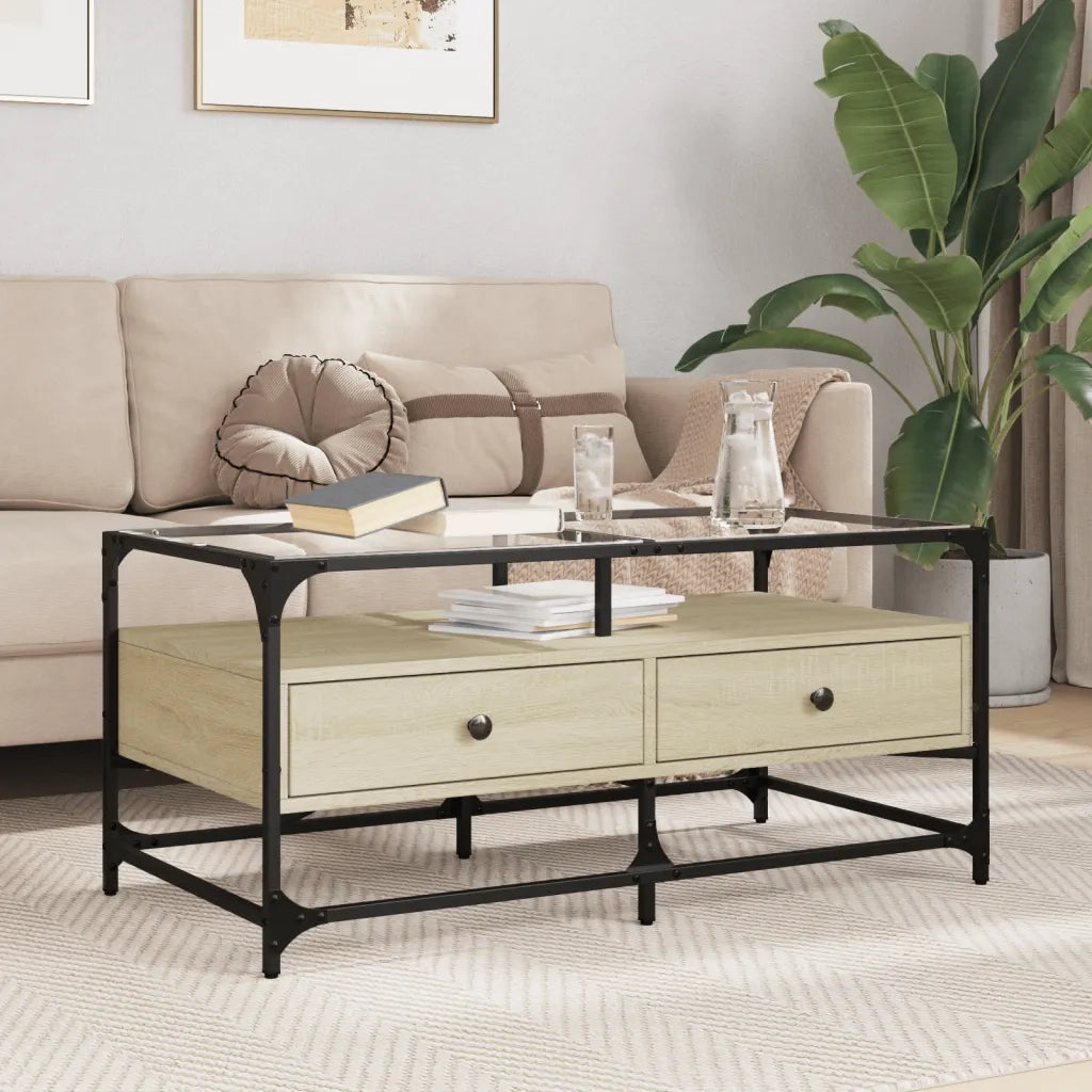 Tavolino da salotto | Tavolino da caff¨¨ | Tavolino da Soggiorno con Piano in Vetro Rovere Sonoma 98,5x50x45 cm Acciaio