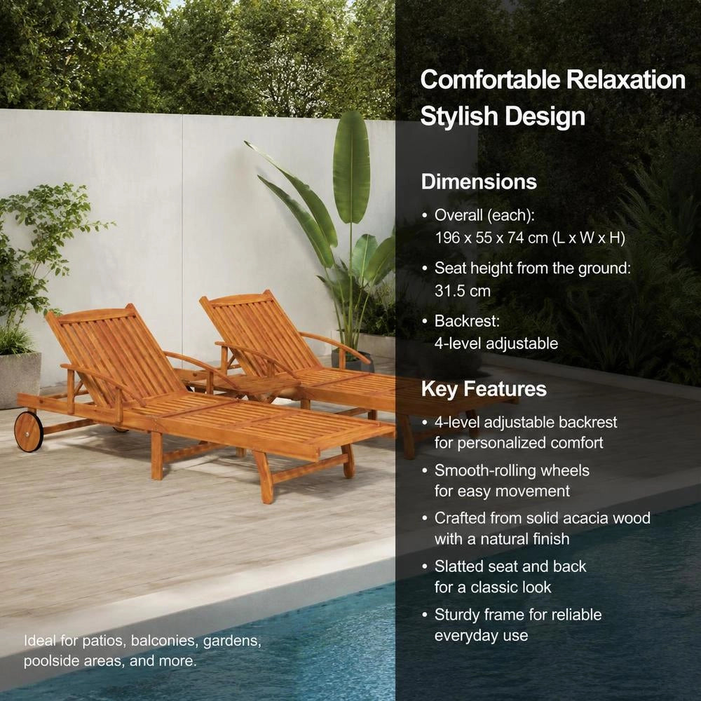 Sun Loungers (2 Pieces) With Table, Solid Acacia Wood