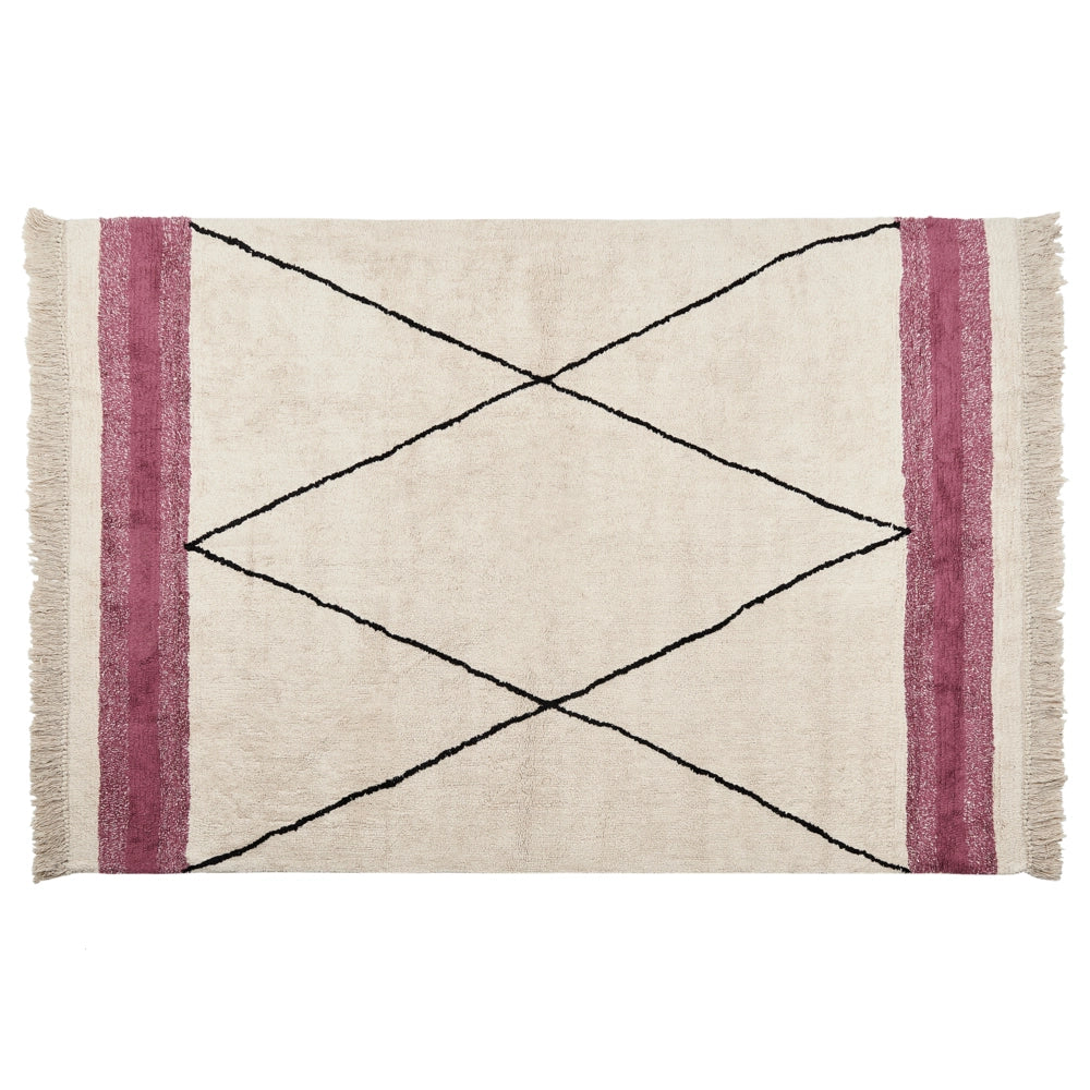 Tappeto in cotone beige e rosa 140 x 200 cm rettangolare con frange motivo geometrico stile boho per soggiorno camera da letto
