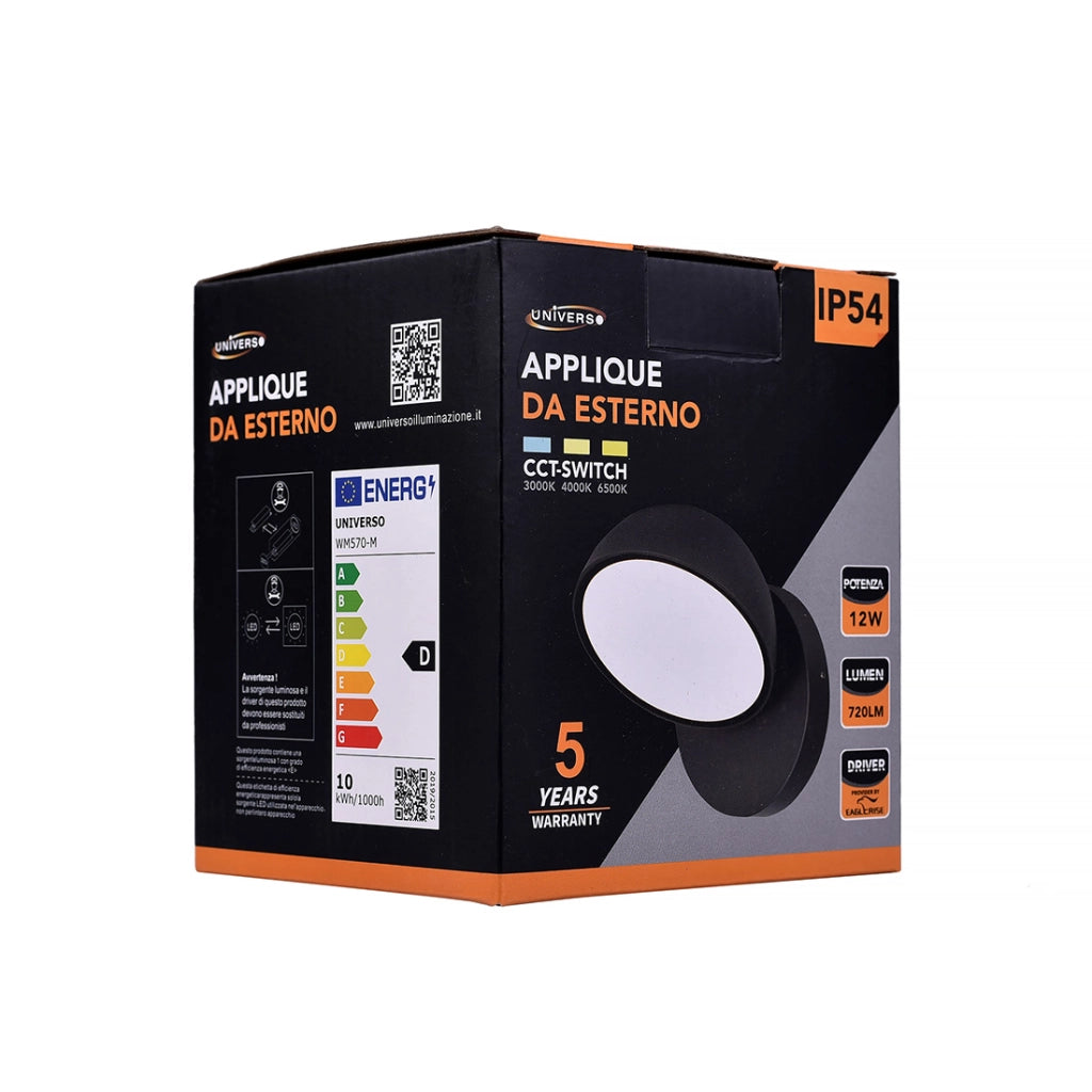 APPLIQUE LED DA ESTERNO 12W CON CCT SWITCH - ILLUMINAZIONE REGOLABILE A 3 TEMPERATURE DI COLORE IP54 DESIGN MODERNO IN ALLUMINIO