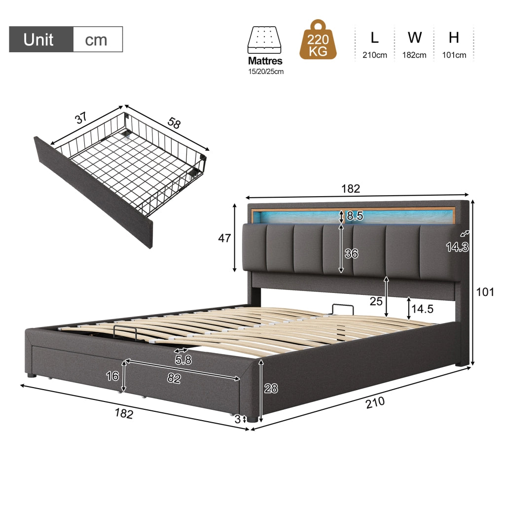 Letto imbottito 180x200 cm con LED, rete a doghe, vano contenitore e struttura in MDF e acciaio, grigio scuro