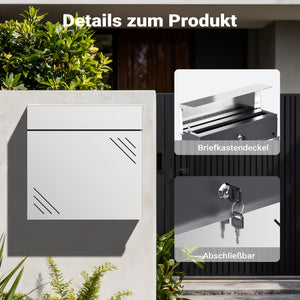 Cassetta della posta in acciaio inox V63 37 x 11 x 37 cm, cassetta delle lettere da parete con portagiornali e chiave