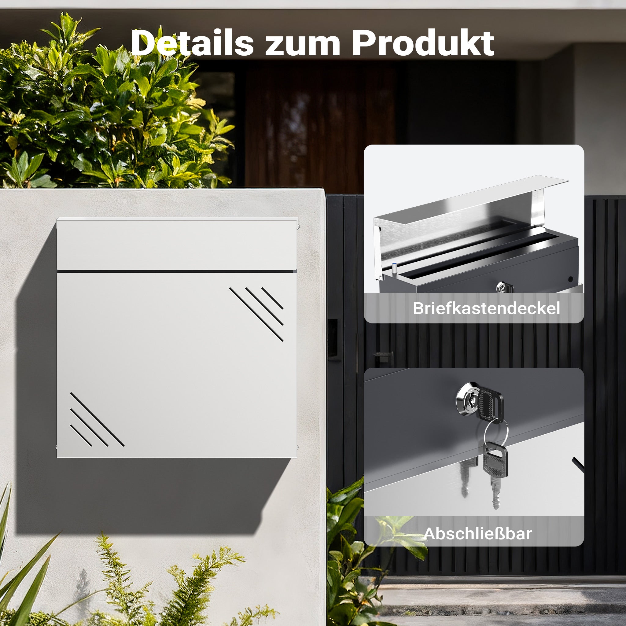 Cassetta della posta in acciaio inox V63 37 x 11 x 37 cm, cassetta delle lettere da parete con portagiornali e chiave