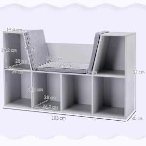 Libreria per bambini con 6 scomparti e cuscini, 103 x 30 x 62 cm, grigia