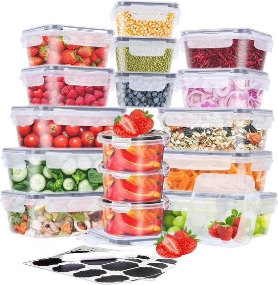 Contenitori alimentari con coperchi, 32 pezzi (16 contenitori e 16 coperchi), set di contenitori per il pranzo BPA-free, resistente a microonde, frigorifero e lavastoviglie, trasparente (confezione da 32)