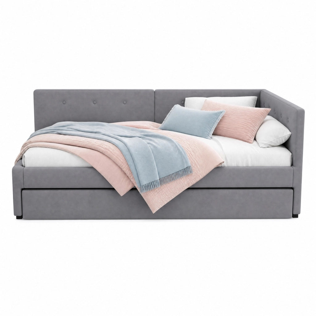 Letto singolo 90x200 cm con letto estraibile, in velluto grigio, senza materasso