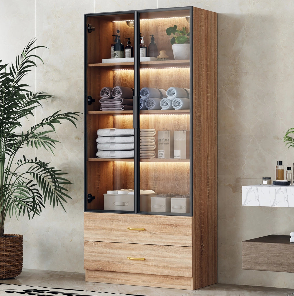 Mobile alto da bagno marrone in MDF con vetro temprato
