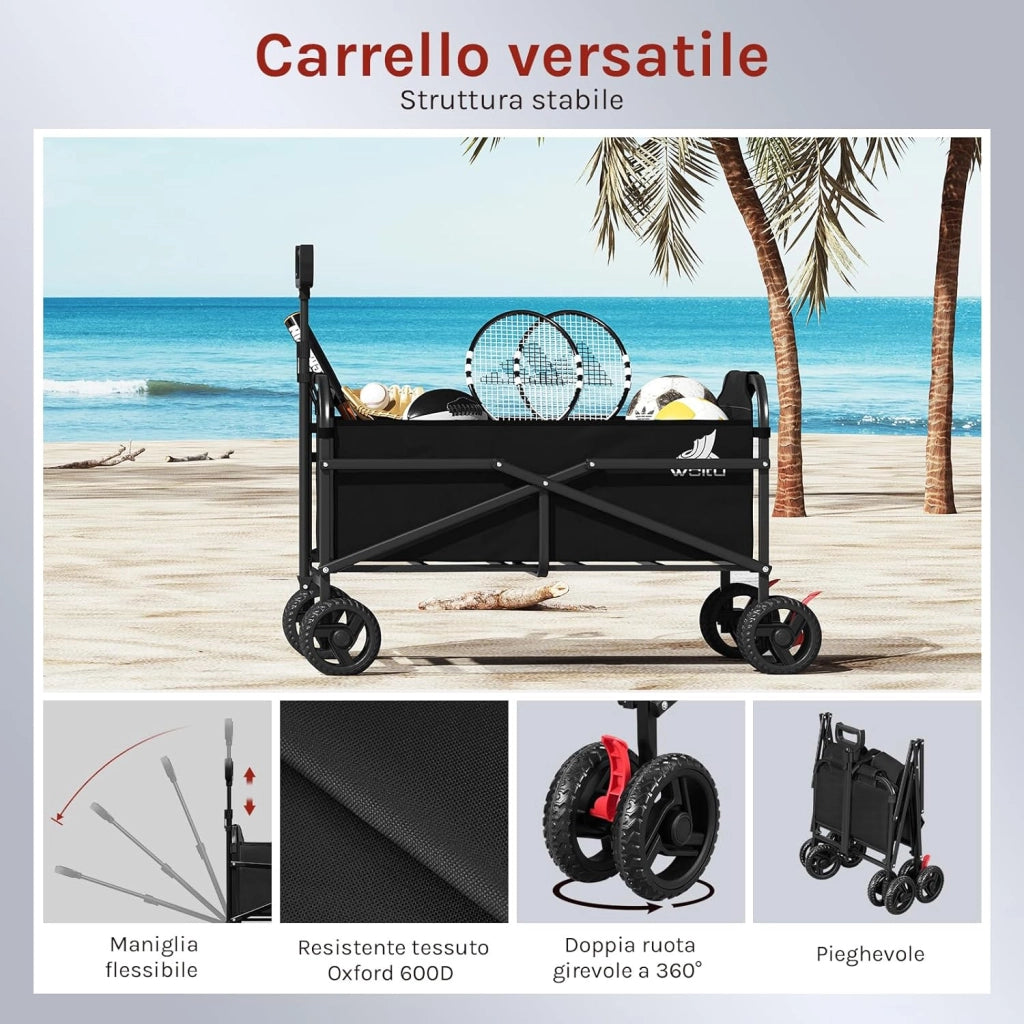Carrello pieghevole da giardino, per festival, campeggio, picnic, spiaggia, shopping, con 4 ruote doppie universali, chiudibile, tessuto Oxford+metallo, nero