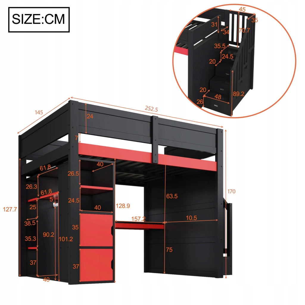Letto a castello 140x200 - Xylo - Nero rosso scrivania LED USB