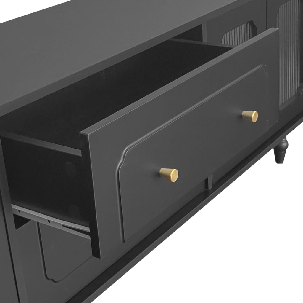 Mobile TV nero 177x38x55,5 cm con 4 ante in vetro rigato e cassetti push-to-open