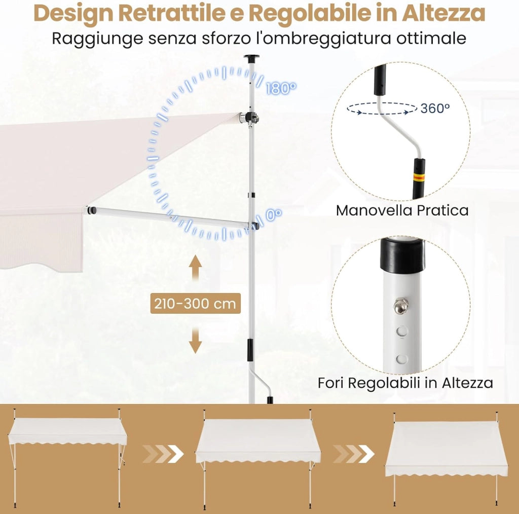 Tenda da Sole a Morsetto, Regolabile in Altezza e Inclinazione con Manovella, Telo Impermeabile e Resistente ai Raggi Solari e Telaio Antiruggine, Tenda Retrattile Senza Foratura (4M,Bianco)