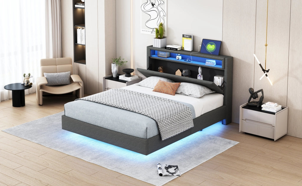 Letto matrimoniale – 140x200 cm – USB LED testiera reversibile – lino grigio