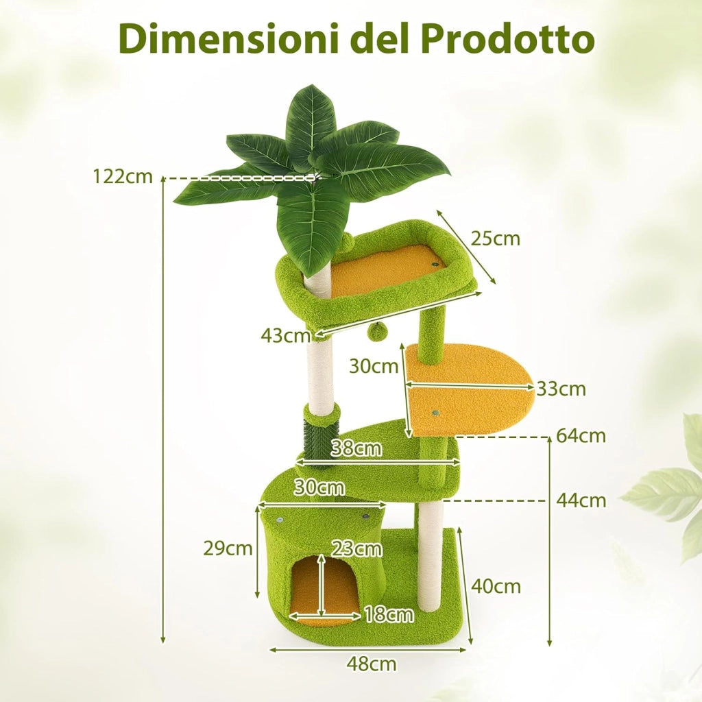 Albero per Gatti, Tiragraffi per Gattini a Tema Foresta con Foglie Artificiali, Condominio, Postazione Imbottita, Pali per Graffiare in Sisal e Pompom, Albero Tiragraffi per Gatti da Interno