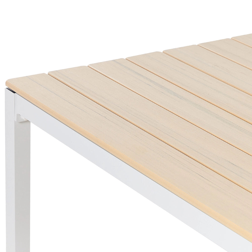 Set da pranzo all'aperto tavolo e 4 sedie design a doghe beige e alluminio bianco