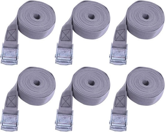 Set di 6 cinghie di trazione per auto, motociclo, bicicletta - Cinghie di trazione con spille - Cinghie di trazione per trasporto e stoccaggio - Grigio/Beige - 25 mm x 2 m