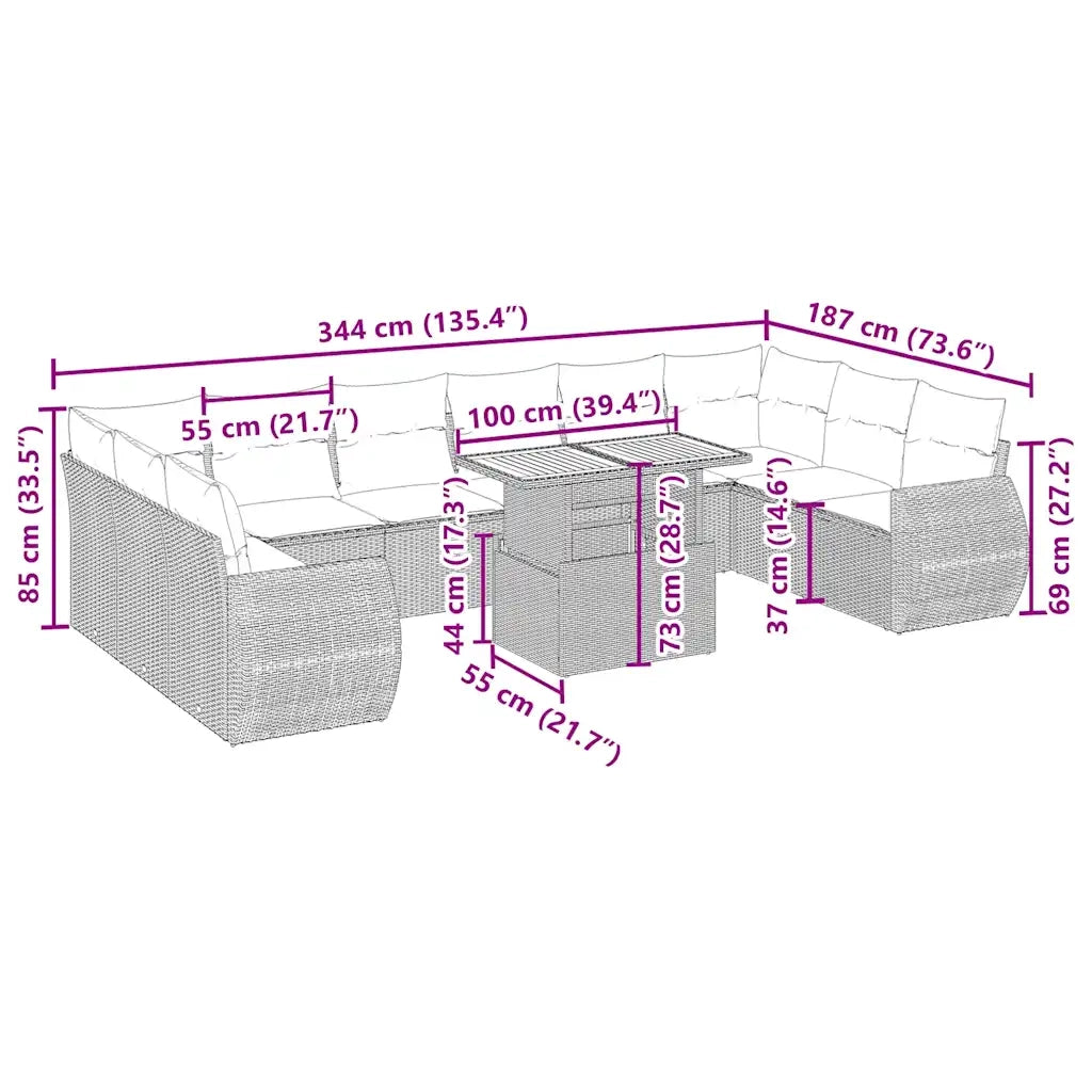 Set Divani da Giardino 11 pz con Cuscini Beige in Polyrattan 3272367