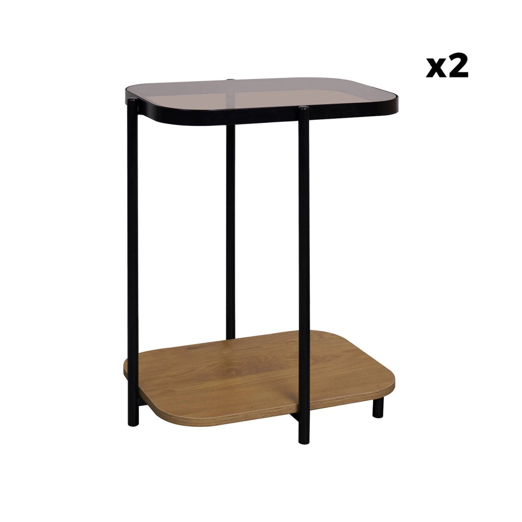 Set di 2 tavolini da divano vintage in metallo nero e vetro, marrone