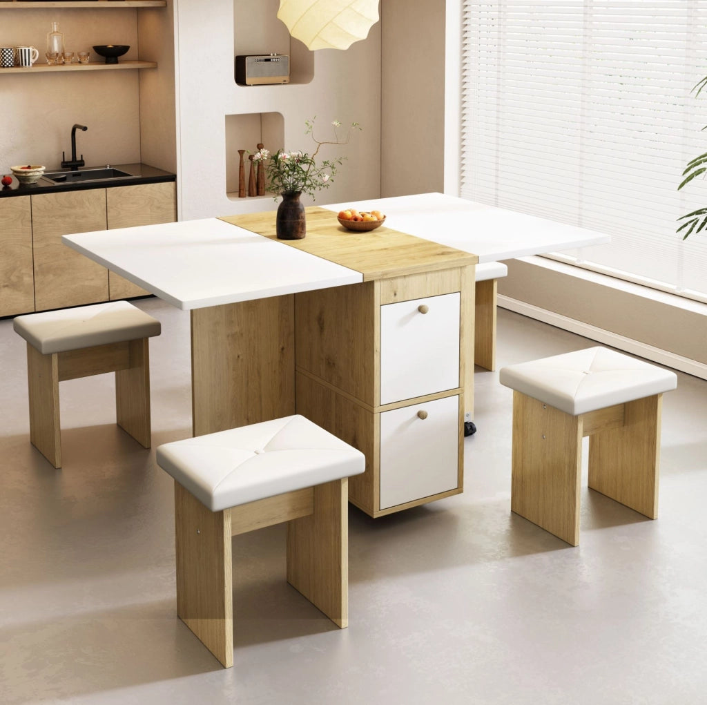 TAVOLO da pranzo pieghevole e salvaspazio Bianco e Rovere Set da 5 pezzi