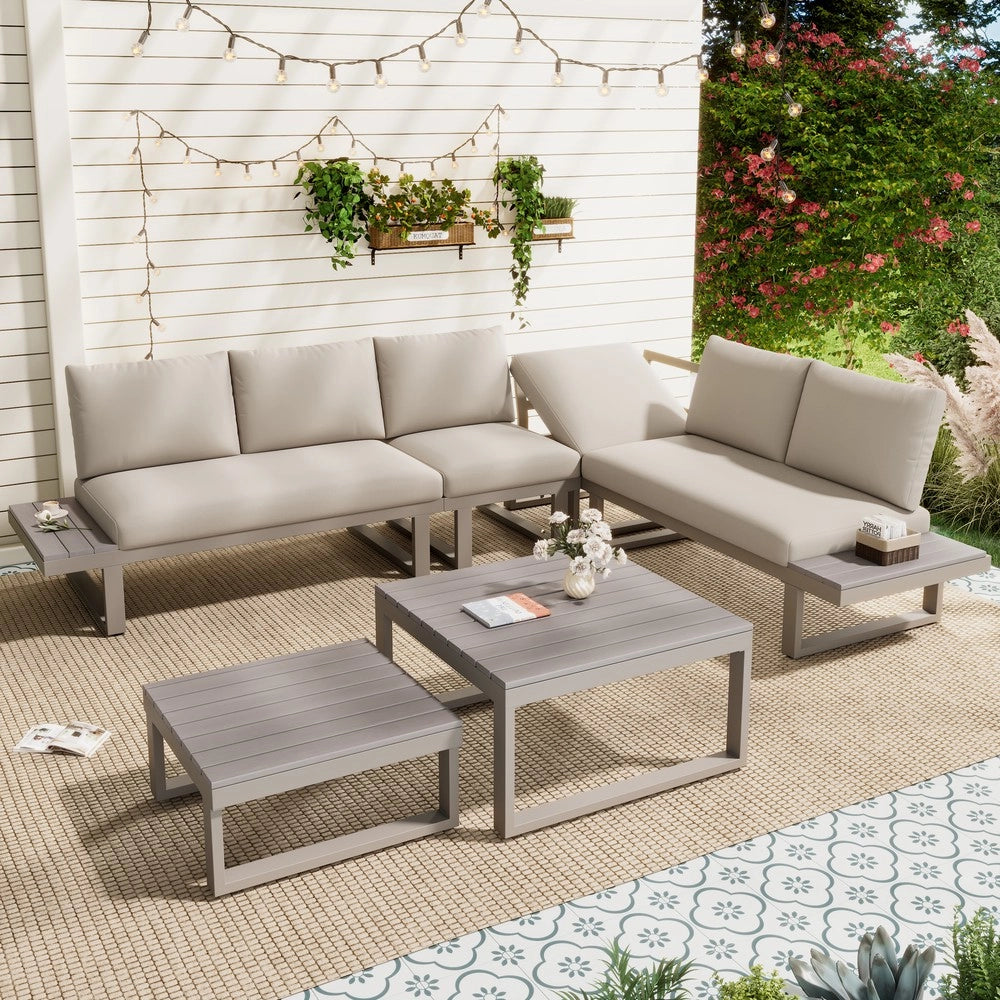 Set Divano da Giardino Angolare con Tavolini ¨C Xylo ¨C Beige, Acciaio Zincato